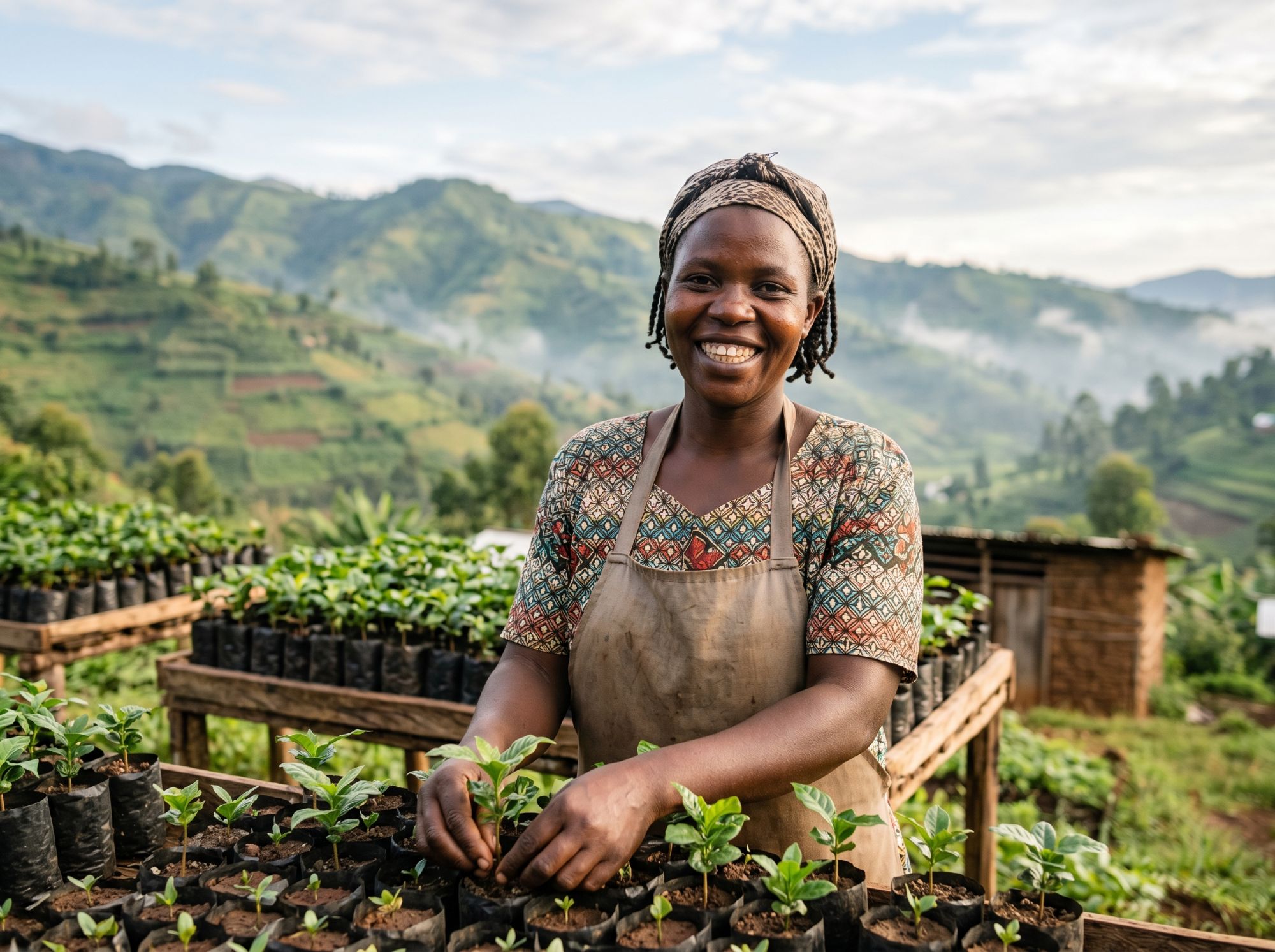 Woman smiling at a seedling nursery with rows of coffee seedlings in black pots, green mountain valleys stretching behind her in Eastern Uganda